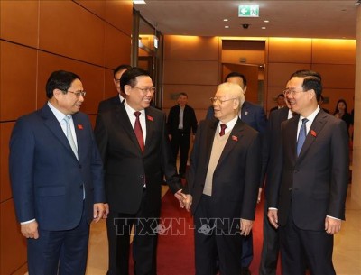 ​​​​​​​ Tổng Bí thư Nguyễn Phú Trọng cùng các đồng chí lãnh đạo Đảng, Nhà nước dự Kỳ họp bất thường lần thứ 5, Quốc hội khóa XV. Ảnh: Trí Dũng/TTXVN
