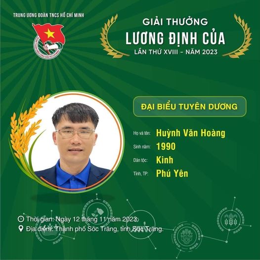 Tỉnh Phú Yên vinh dự có 01 thanh niên nhận giải thưởng Lương Định Của năm 2023