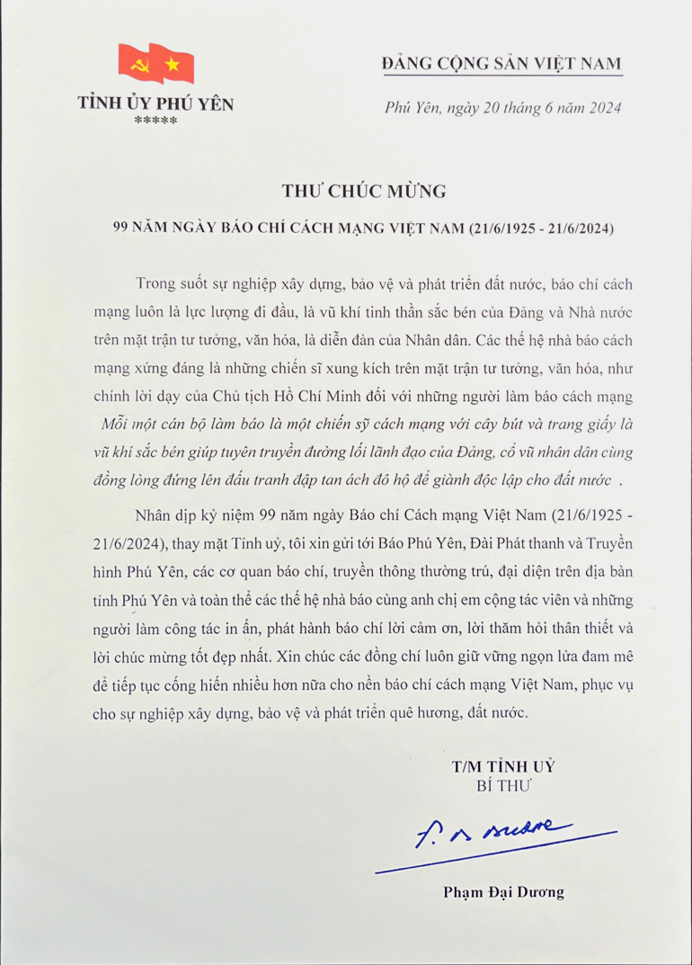Thư chúc mừng nhân kỷ niệm kỷ niệm 99 năm ngày Báo chí Cách mạng Việt Nam